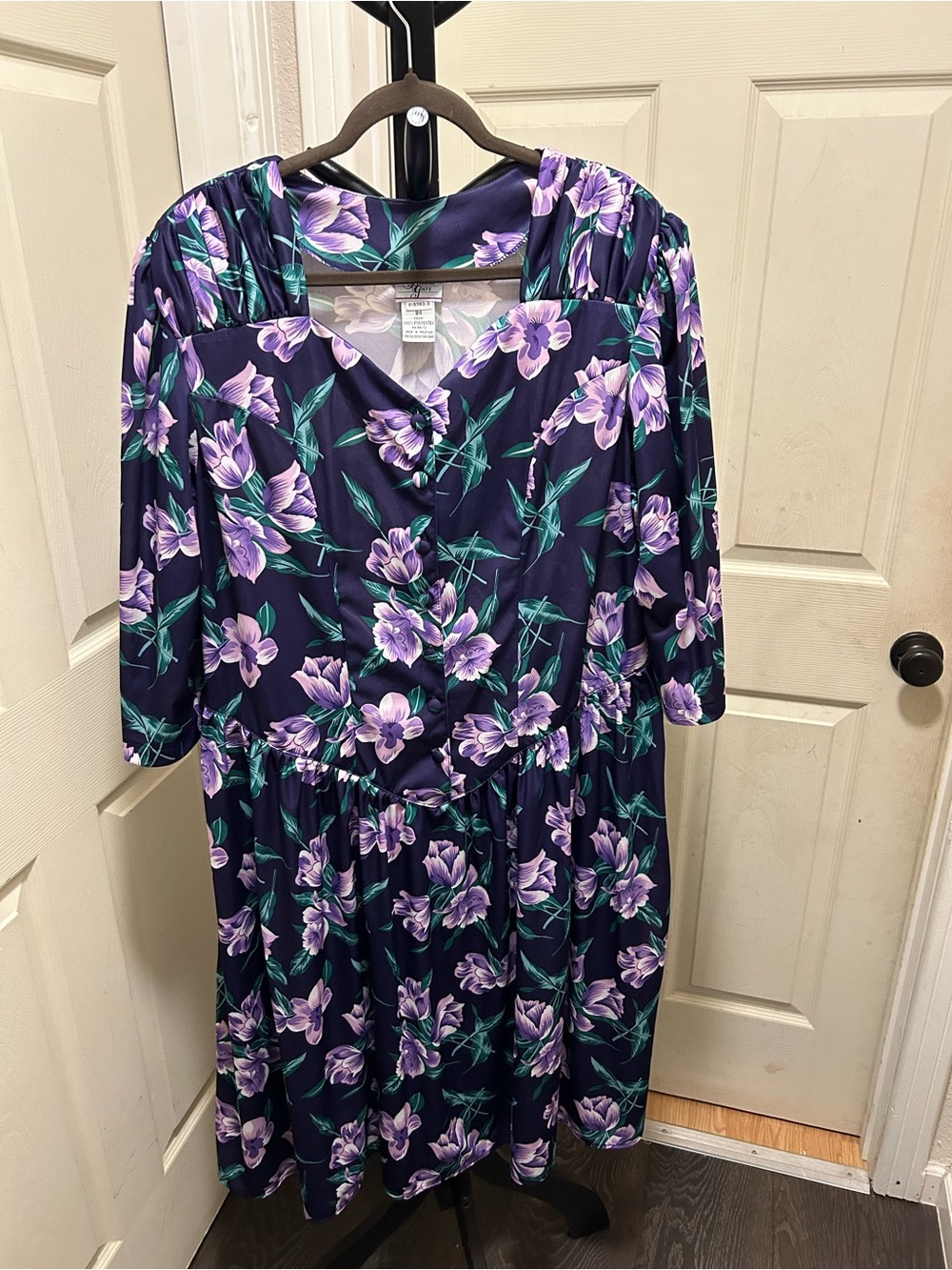 VTG 80s Bridge Gate Purple Tulip Floral Button Front Midi Dress